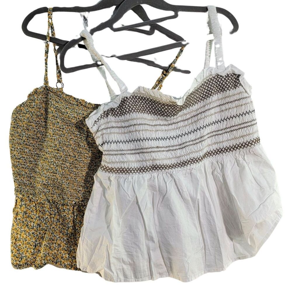 Bundle of x2 White 100% Cotton & Yellow Floral Strappy Smocked Top Women's Sz L